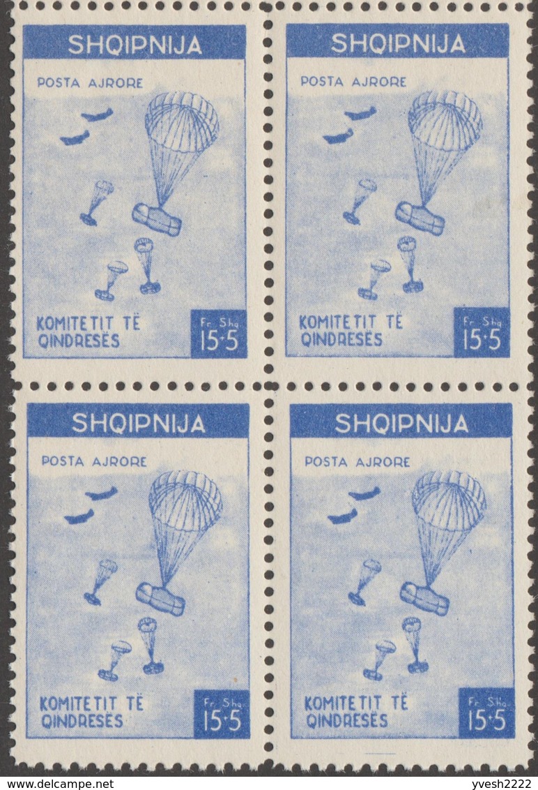 Albanie 1946. Exil, Avions Et Parachutes, Largage De Marchandises. Neufs, Sans Charnières. Blocs De 4 - Parachutting