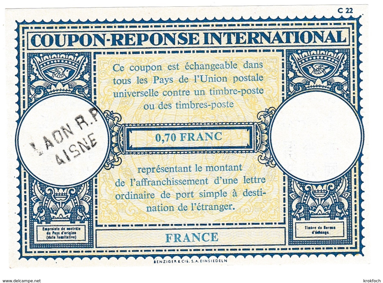 Coupon-réponse France Modèle Londres C22 - 0,70 Franc - Griffe Laon RP Aisne - Coupons-réponse