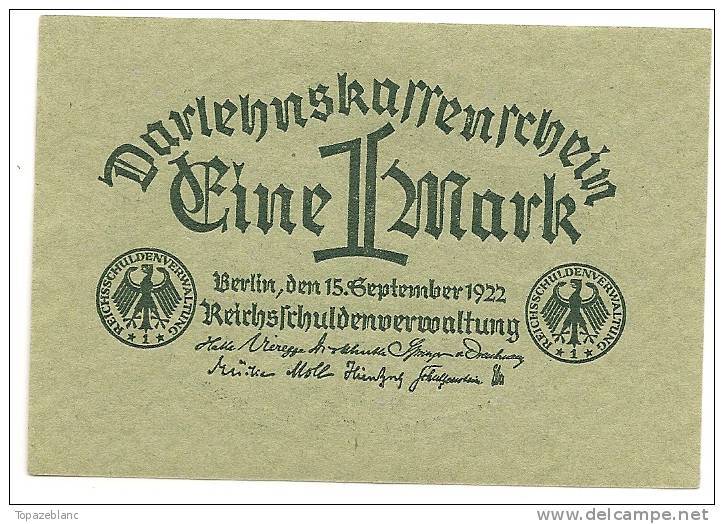 GERMANY - DARLEHENSKASSENSCHEIN -  1 MARK 1922 - NEUF / UNC / Ro.73 - 1 Mark