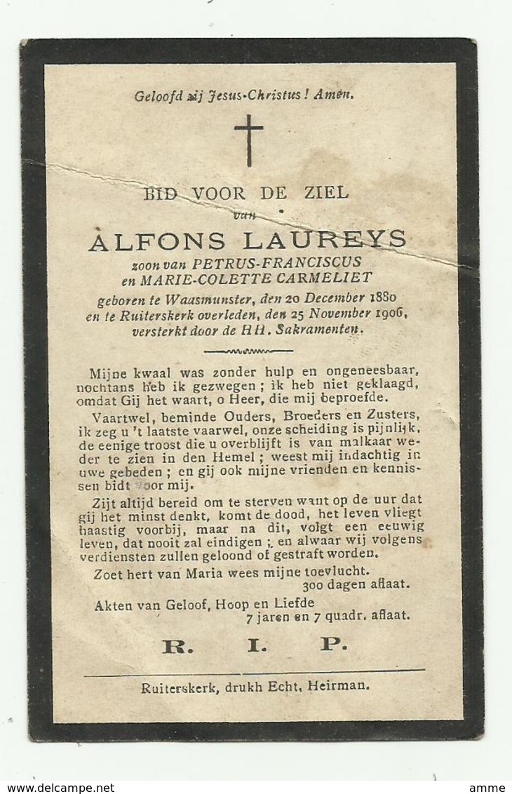 Doodsprentje  *  Laureys Alfons (° Waasmunster 1880 /  + Ruiterskerk 1906)  Zoon Petrus & Carmeliet Marie-Colette - Religion & Esotérisme