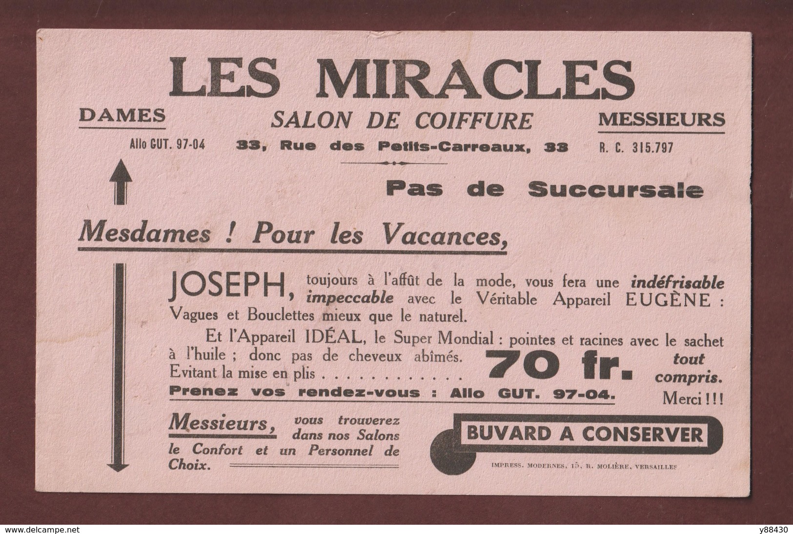 BUVARD - SALON DE COIFFURE - "LES MIRACLES" - Chez JOSEPH - 33 Rue Des Petits-Carreaux à PARIS - 2 Scannes - Parfum & Kosmetik