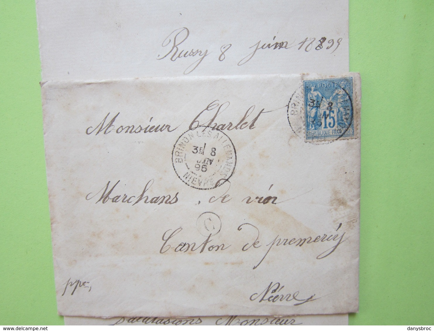 ENVELOPPE + LETTRE écrite à BUSSY-LA-PESLE (58) 8/06/1895 Obitétrée BRINON-LES-ALLEMANDS & PREMERY Timbre Sage 15c Bleu - 1877-1920: Période Semi Moderne