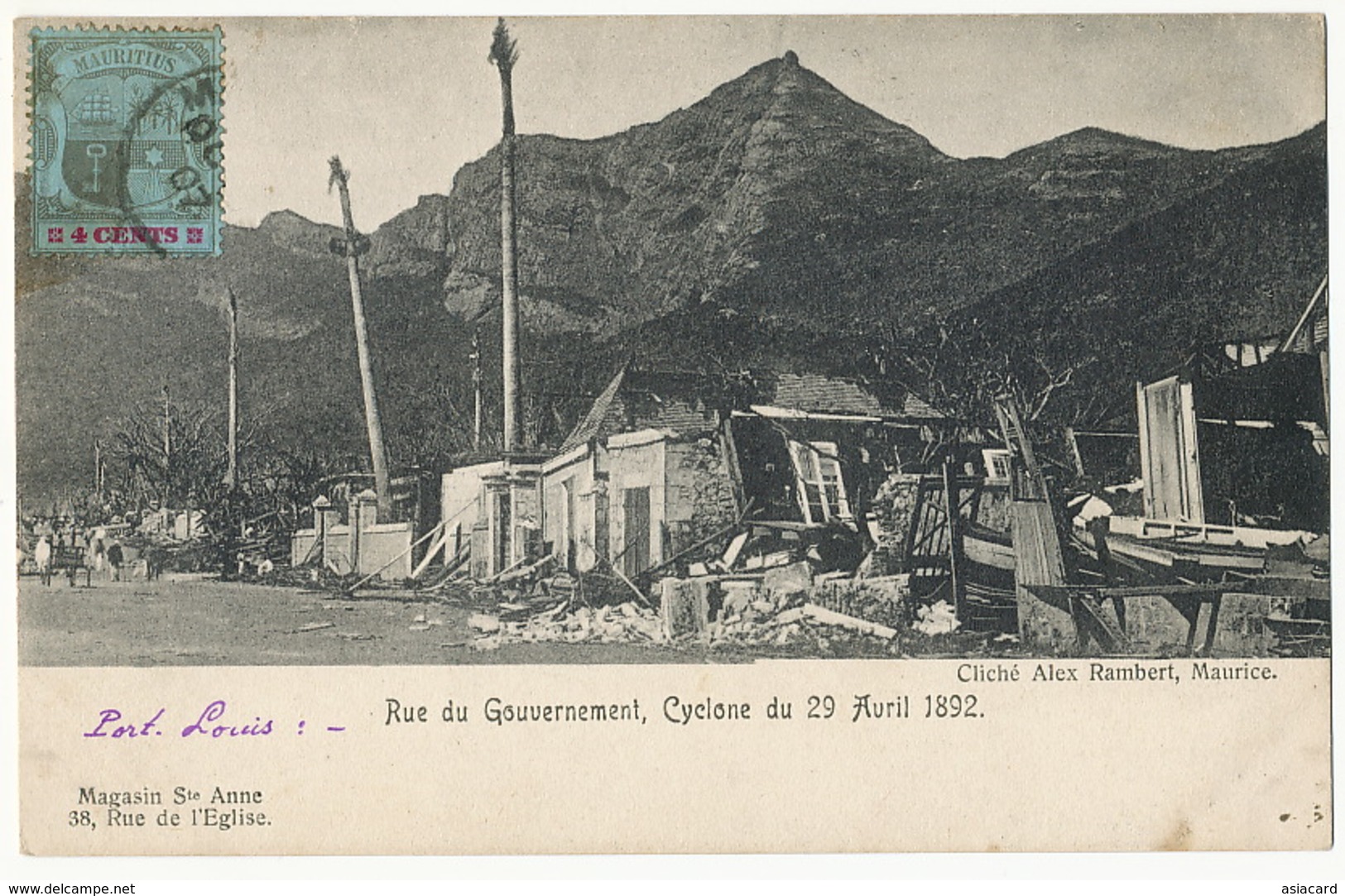 Cyclone Du 29/4/1892 Port Louis Rue Du Gouvernement Cliché Alex Rambert Undivided Back Not Used - Maurice