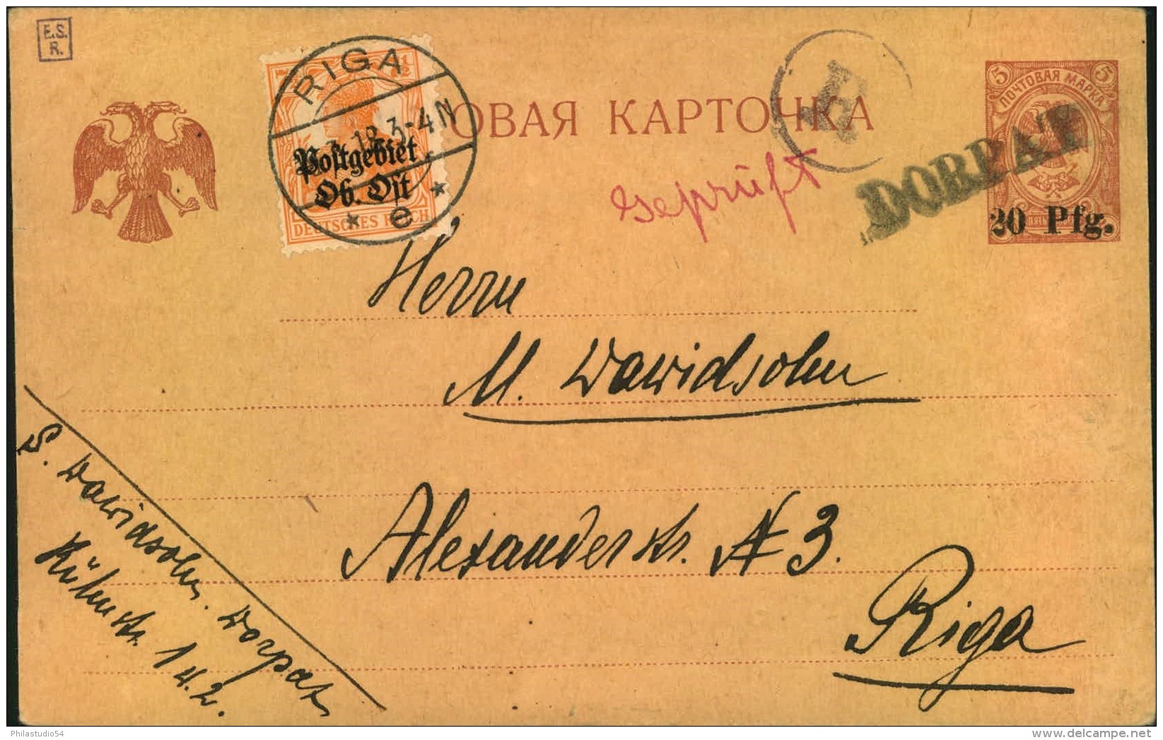 1918, DORPAT, Kerenski-Ganzsache 3 Kop. Mit Aufdruck ""20 Pfg."" Und Handstempel ""DORPAT"" Mit 7 1/2 Pfg. Germania ""Ob - Besetzungen 1938-45