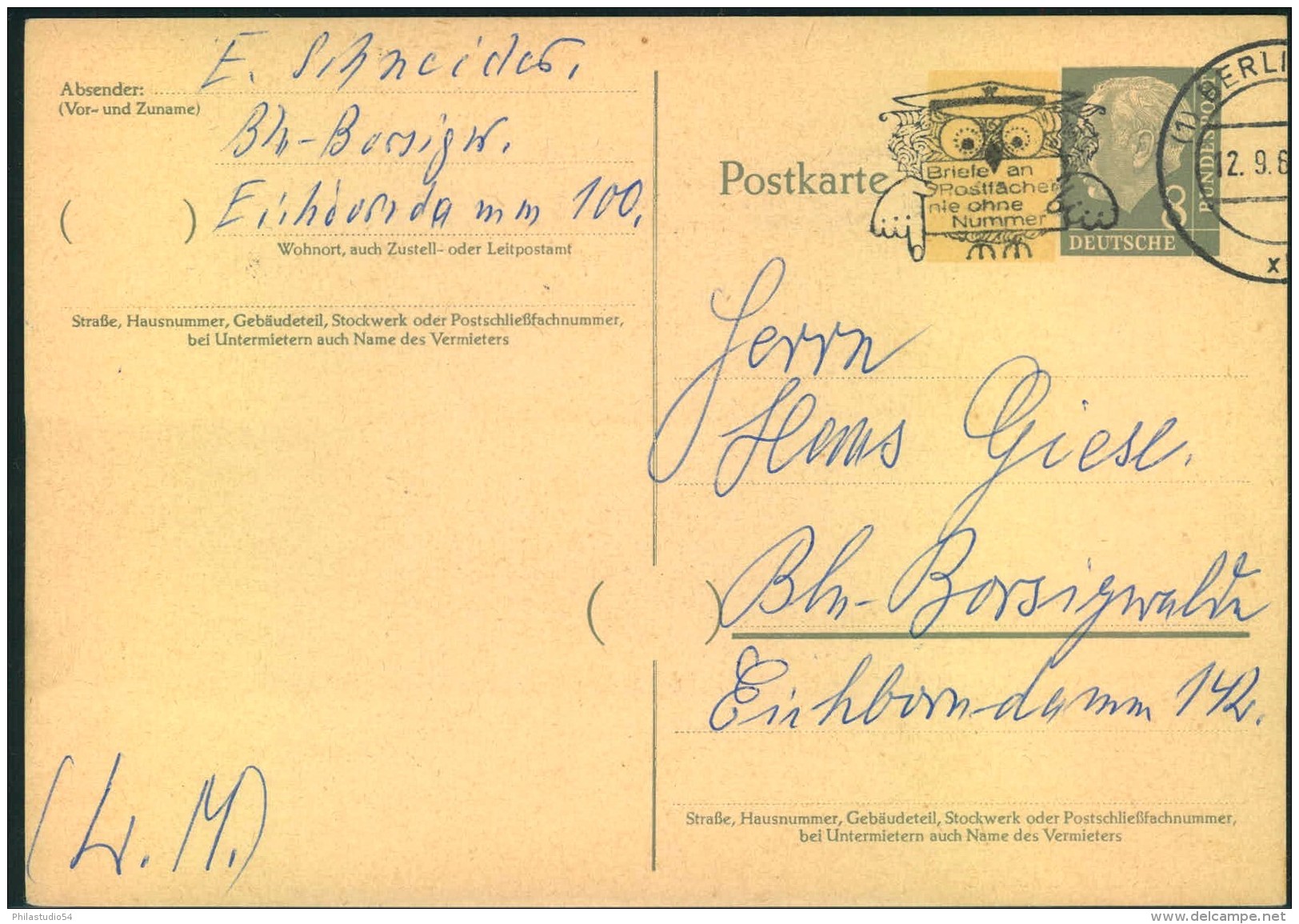 1961, Postkarte Mit Wertstempel 8 Pfg. Heuss Mit Breitem Fluoreszenz Beidruck Gebraucht In Berlin. - Sonstige & Ohne Zuordnung