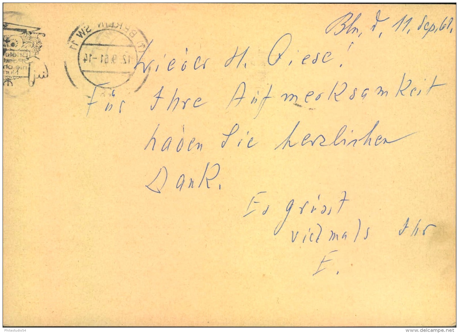 1961, Postkarte Mit Wertstempel 8 Pfg. Heuss Mit Breitem Fluoreszenz Beidruck Gebraucht In Berlin. - Altri & Non Classificati