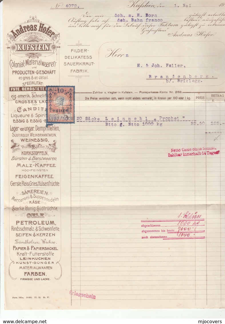 1914 PETROLEUM, OIL, ALCOHOL, COFFEE Merchant KUFSTEIN  DOCUMENT Revenue Stamps Austria,  Energy , Drink - Oil