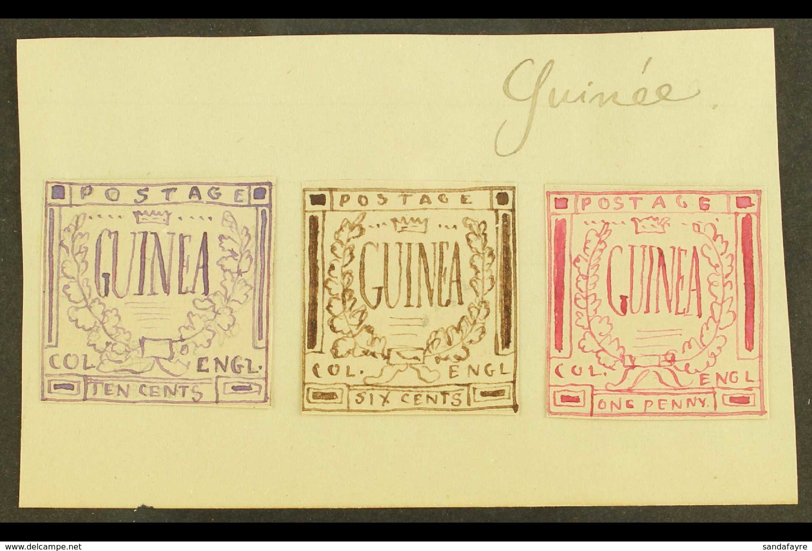 GUINEA 1861 Hand Painted, Stamp Sized Essays Produced In France, Inscribed "GUINEA" In A Crown And Laurel Design With "P - Sonstige & Ohne Zuordnung