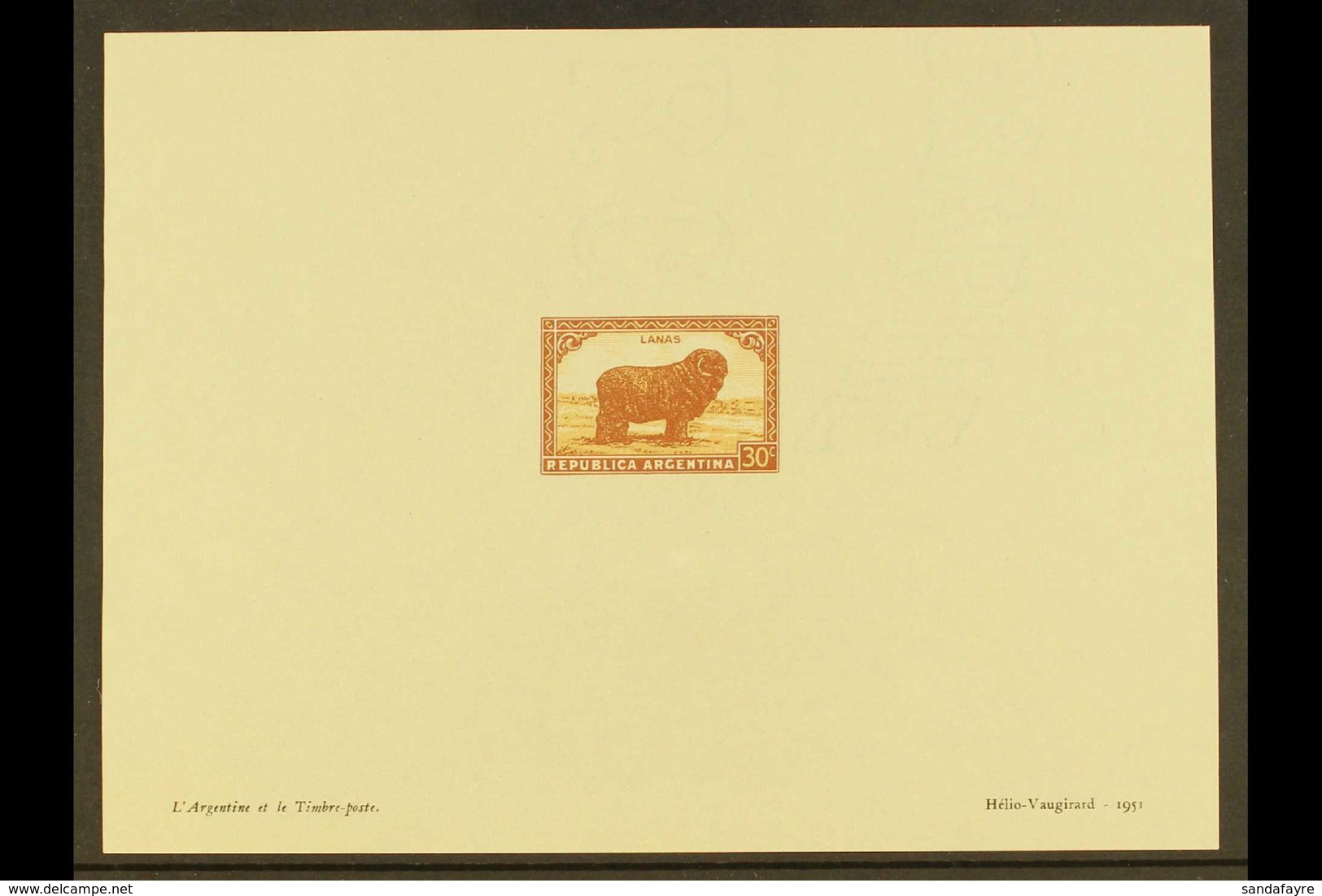 SAMPLE DIE PROOF 1951 Helio-Vaugirard Printer's Sample Imperf Die Proof Of The 1936 30c Merino Sheep Issue (Scott 442, S - Andere & Zonder Classificatie