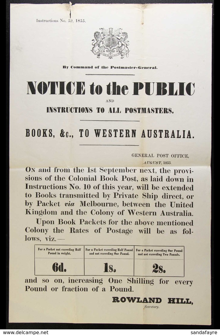 WESTERN AUSTRALIA 1855 August. A British Postal "Notice To The Public" Endorsed "Rowland Hill, Secretary" For "Books, Et - Altri & Non Classificati