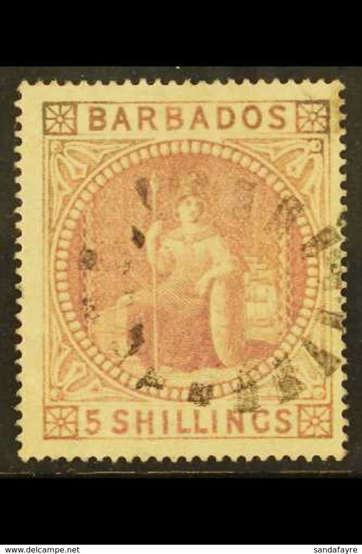 1873 5s Dull Rose, SG 64, Good Looking Used Stamp With Neat Central "boot-heel" Cancel, Corner Crease At Bottom Left. Fo - Barbados (...-1966)