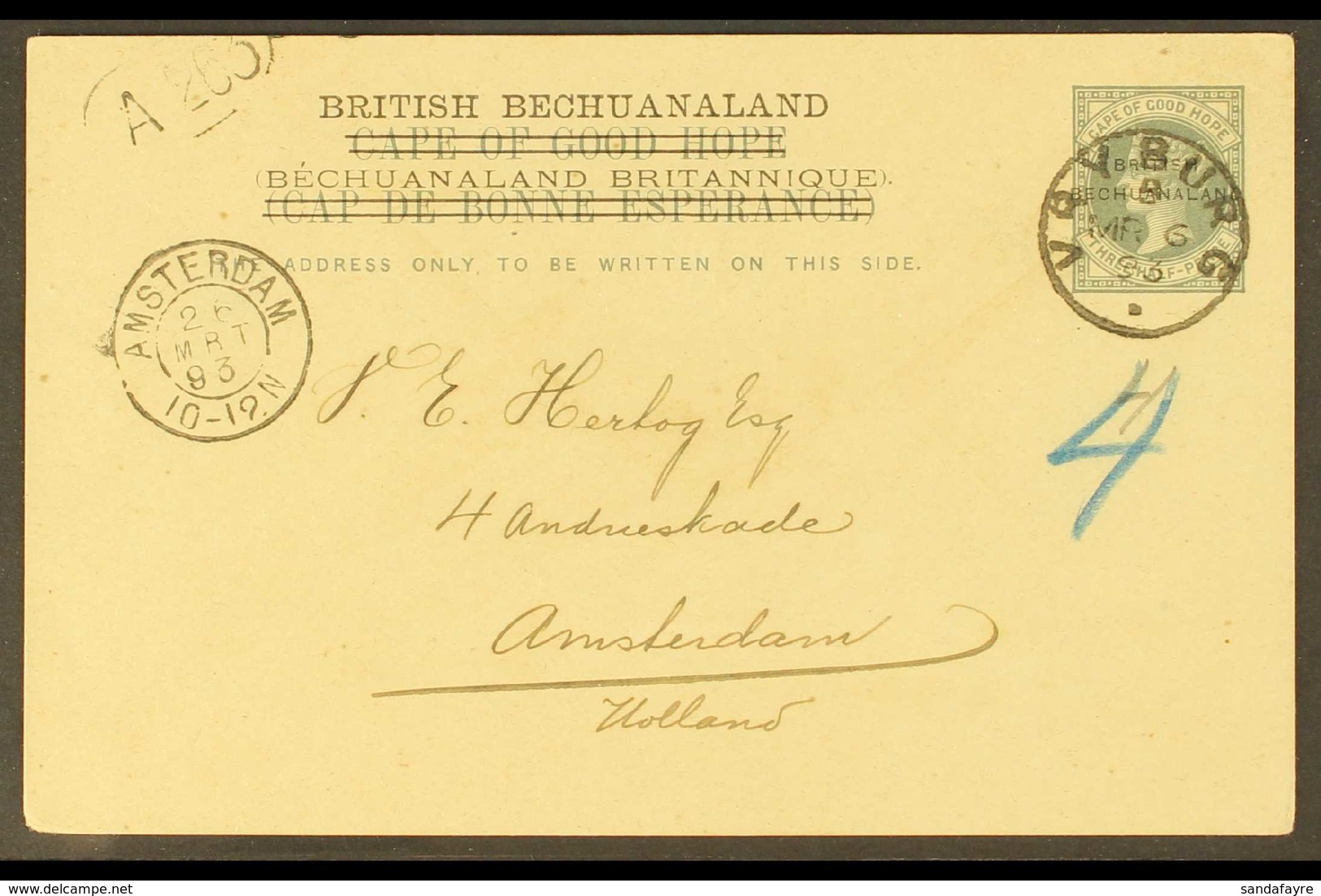 POSTAL STATIONERY 1893 1½d Cape Postcard Ovptd "BRITISH BECHUANALAND," H&G 6, Addressed To Holland, Neatly Cancelled By  - Andere & Zonder Classificatie