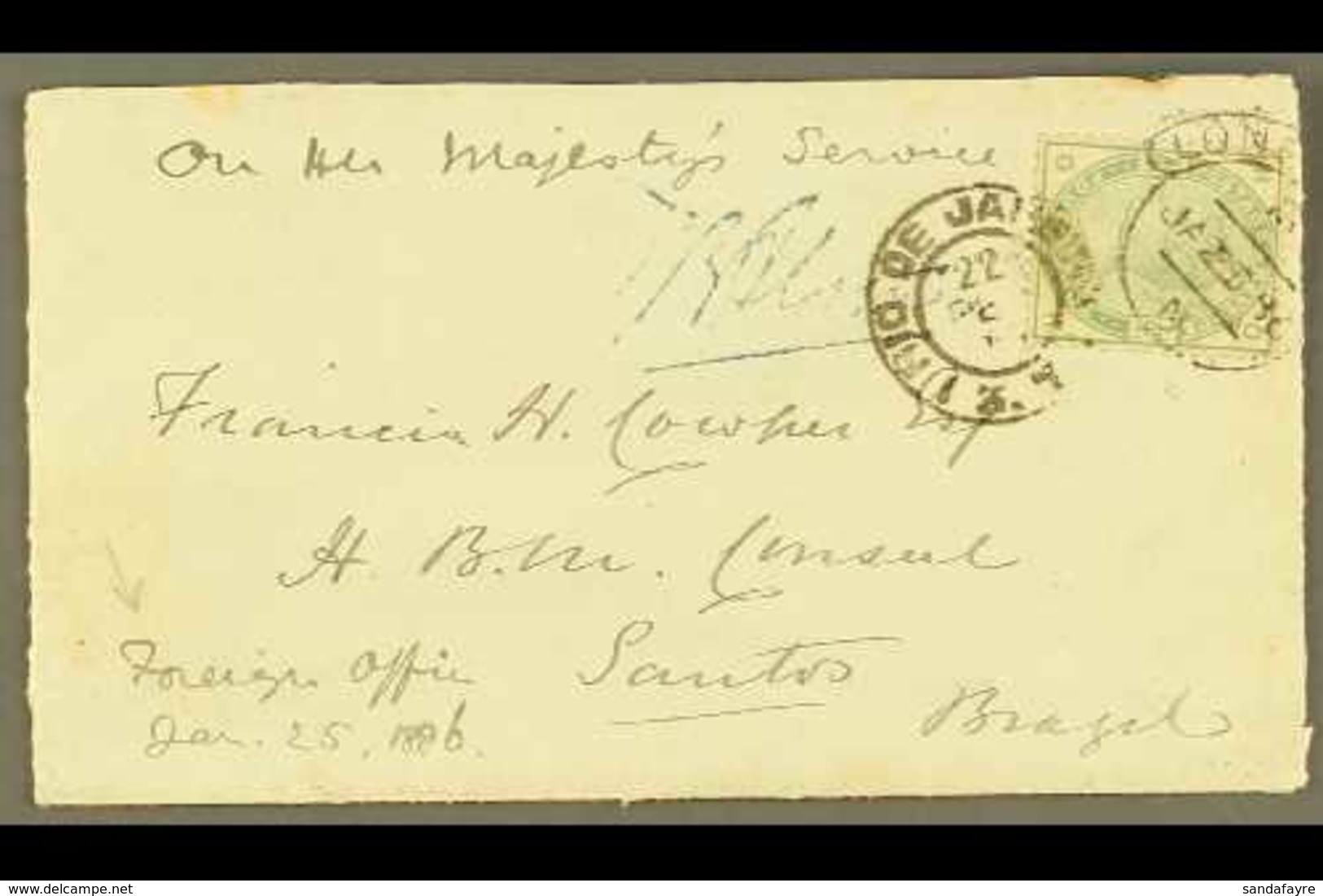 1886 INWARD MAIL. 1886 (25 Jan) Env From London To The British Consul At Santos, Bearing GB 4d Dull Green (SG 192, With  - Other & Unclassified