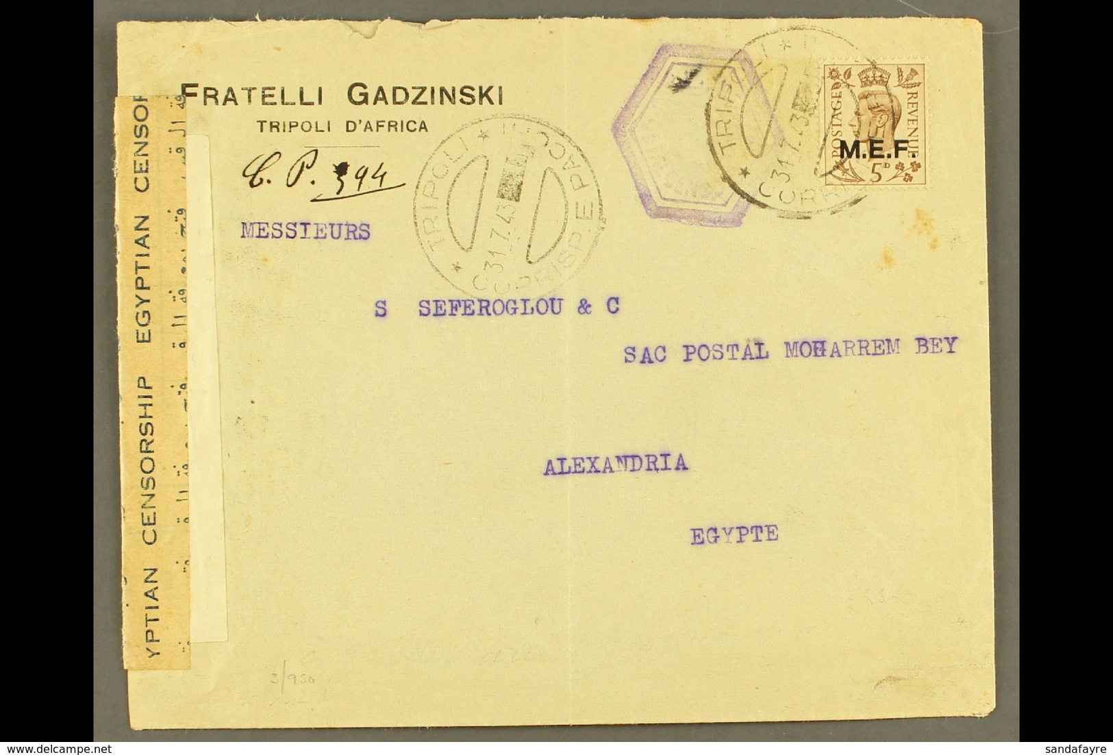 TRIPOLI 1943 Censored Commercial Cover To Egypt, Franked With KGVI 5d "M.E.F." Ovpt, Clear Tripoli 31.7.43 C.d.s. Postma - Italiaans Oost-Afrika