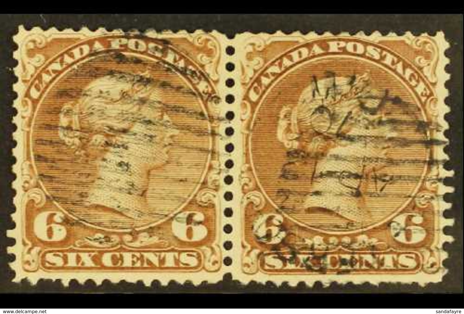 1870 6c Yellow Brown Large Queen, SG 59b, Horizontal Pair With Part 1870 Cds And Barred Cancels. For More Images, Please - Altri & Non Classificati