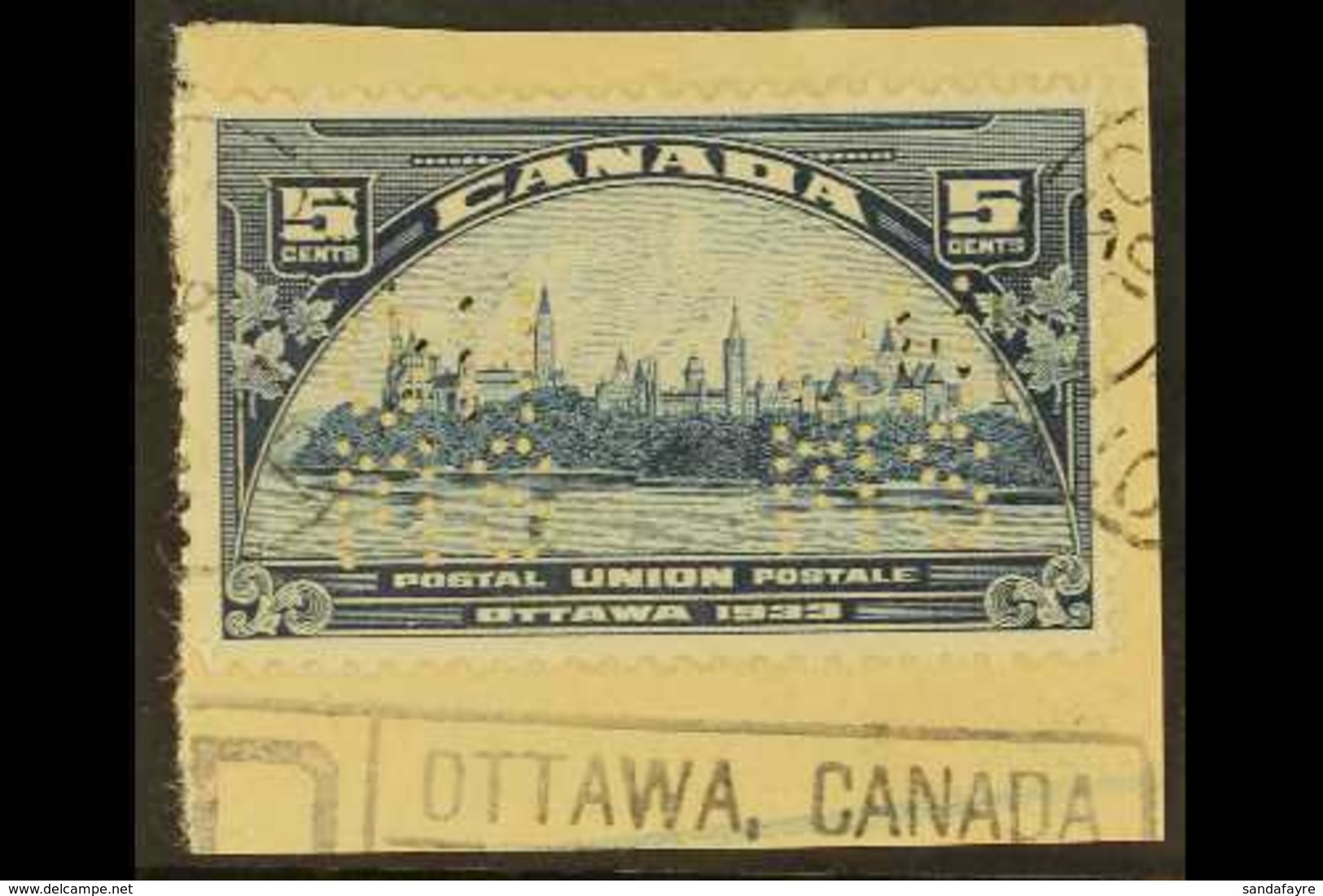 OFFICIAL 1933 5c  Blue UPU Congress Punctured With Type O1 "OHMS" Perfin, SG O72, Very Fine Used On Piece Tied By Ottawa - Andere & Zonder Classificatie