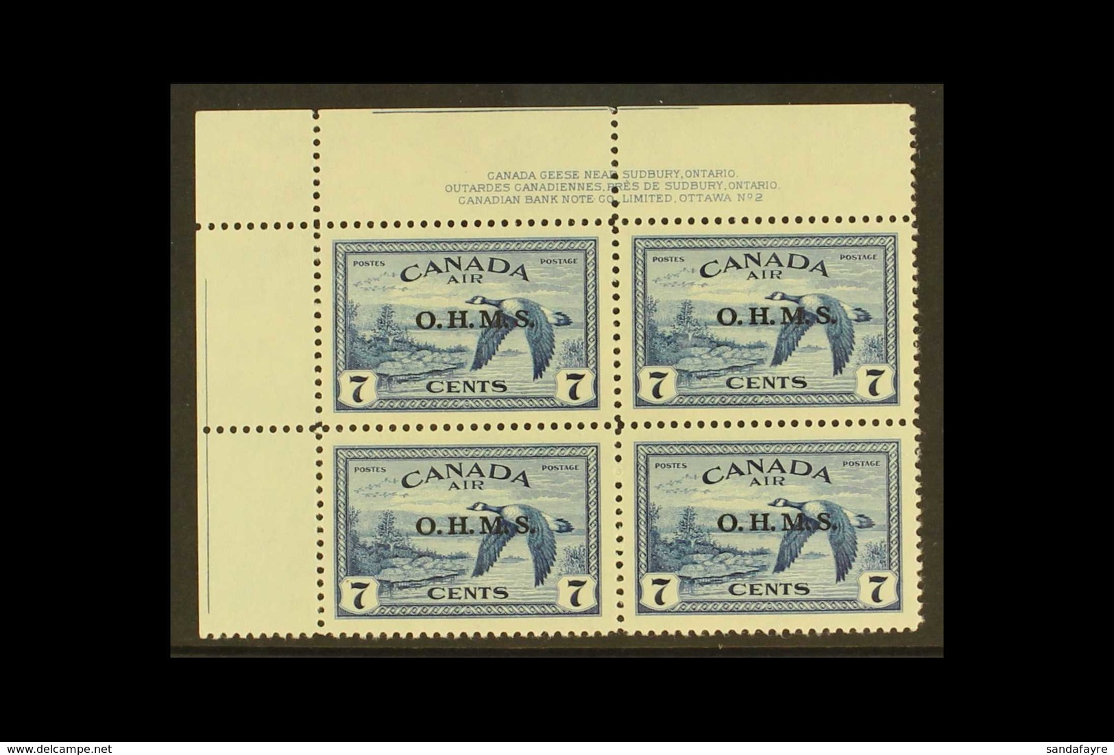 OFFICIAL 1949 7c Blue Air Canada Geese With "O.H.M.S." Overprint, SG O171, Top Left Hand Corner PLATE BLOCK Of Four With - Andere & Zonder Classificatie