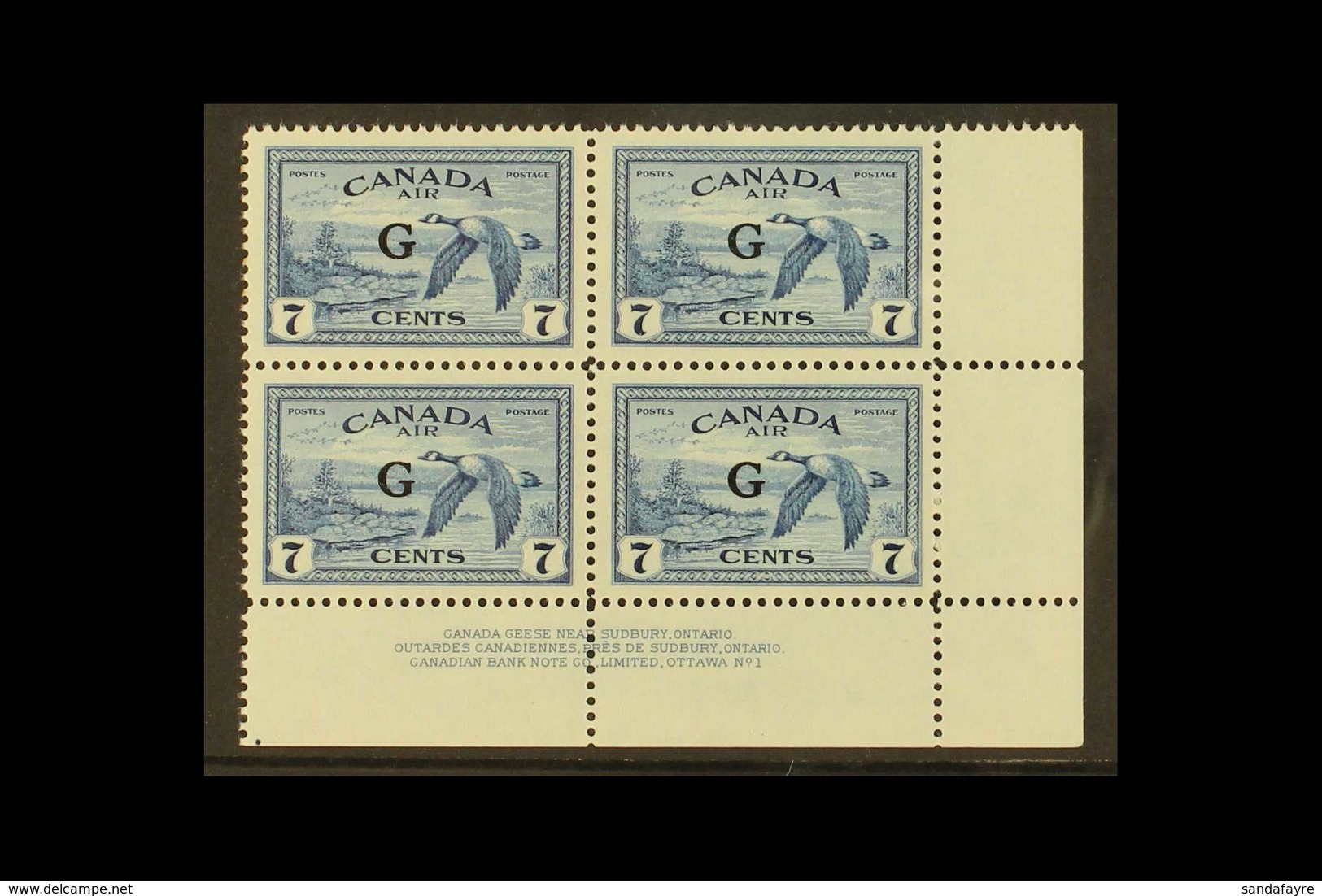 OFFICIAL 1950-52 7c Blue Air (Canada Geese) With "G" Overprint, SG O190, Never Hinged Mint Lower Right Corner BLOCK OF F - Andere & Zonder Classificatie