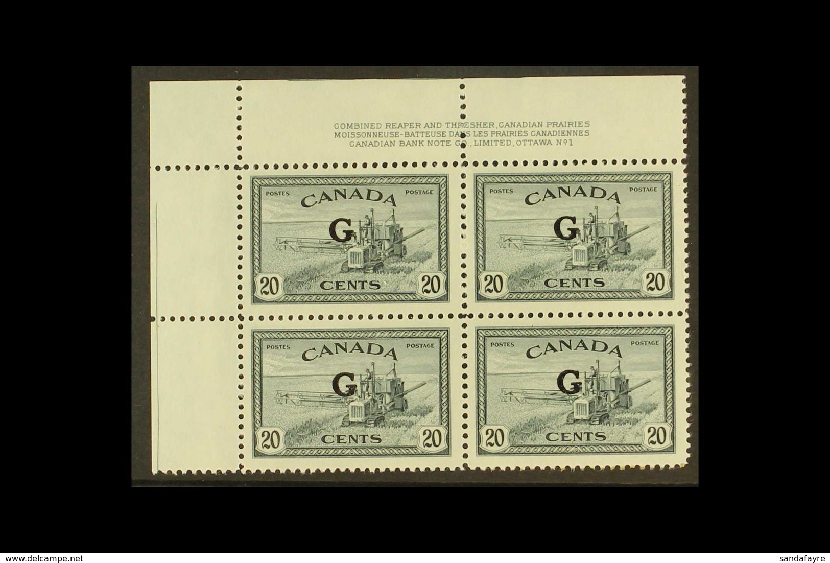OFFICIAL 1950-52 20c Slate With "G" Overprint, SG O187, Top Left Corner PLATE BLOCK Of Four From Plate Number 1, Never H - Andere & Zonder Classificatie