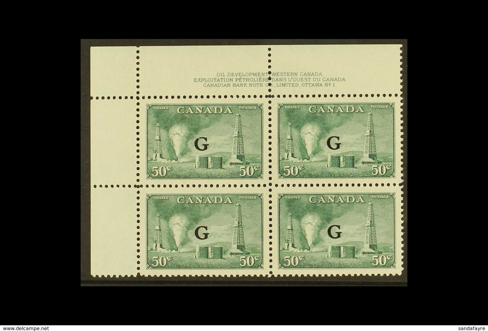 OFFICIAL 1950-52 50c Green Oil Wells With "G" Overprint, SG O188, Top Left Hand Corner PLATE BLOCK Of Four With Control  - Andere & Zonder Classificatie