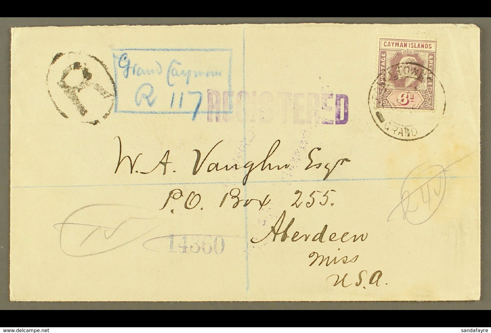 1916 (24 Jan) Registered Cover To USA, Bearing 1907-09 6d Stamp (SG 30) Tied By "George Town" Cds, With Registration Cac - Kaaiman Eilanden