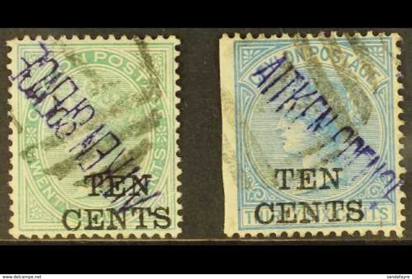 1885 10c On 24c & 10c On 36c, CC Wmk Perf 14, SG 162/63, Used With "AITKEN SPENCE" Violet Security Handstamps. (2 Stamps - Ceylon (...-1947)