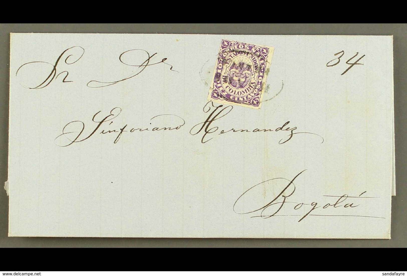 1868 10c Violet Type I, Scott 54a, On Undated Cover To Bogota Tied By Oval "HONDA/FRANCA" Cancel, With Recent (2016) Bri - Colombia