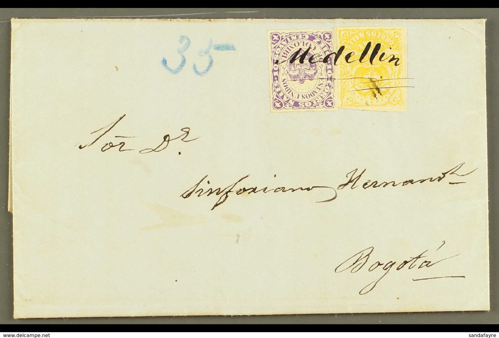 1871 (4 DEC) ENTIRE LETTER From Medellin To Bogota Bearing 1868 10c Violet Type II, Scott 54c, And 1870 5c Yellow, Scott - Colombia