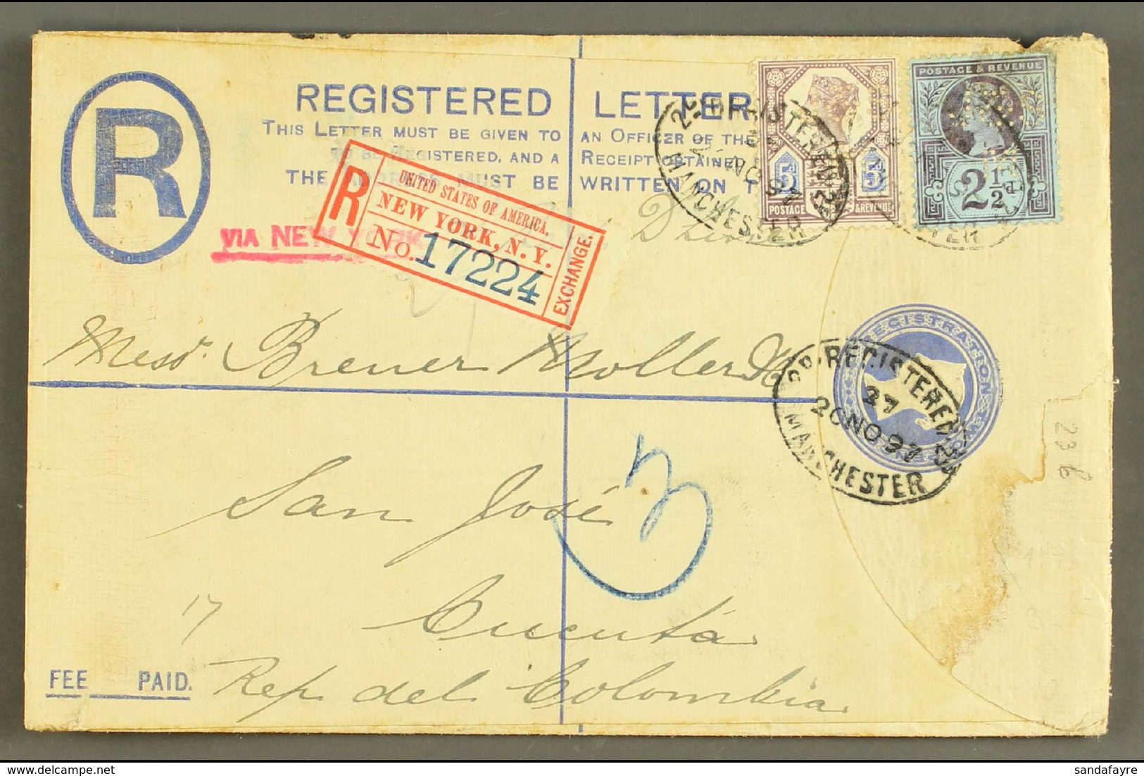1897 REGISTERED INWARDS MAIL. Great Britain 1897 (20 Nov) 2d Blue Registered Envelope Uprated With 5d And 2½d Stamps, Se - Colombia