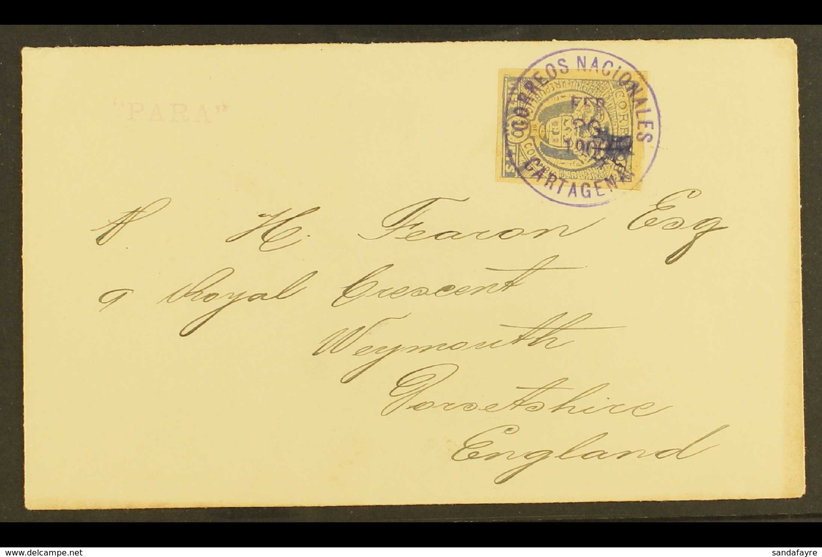 1900 COVER TO ENGLAND Bearing 1899 10c Blue On Buff Imperf With "stars" Control In Violet, SG 176, Tied By Fine "CORREOS - Colombia