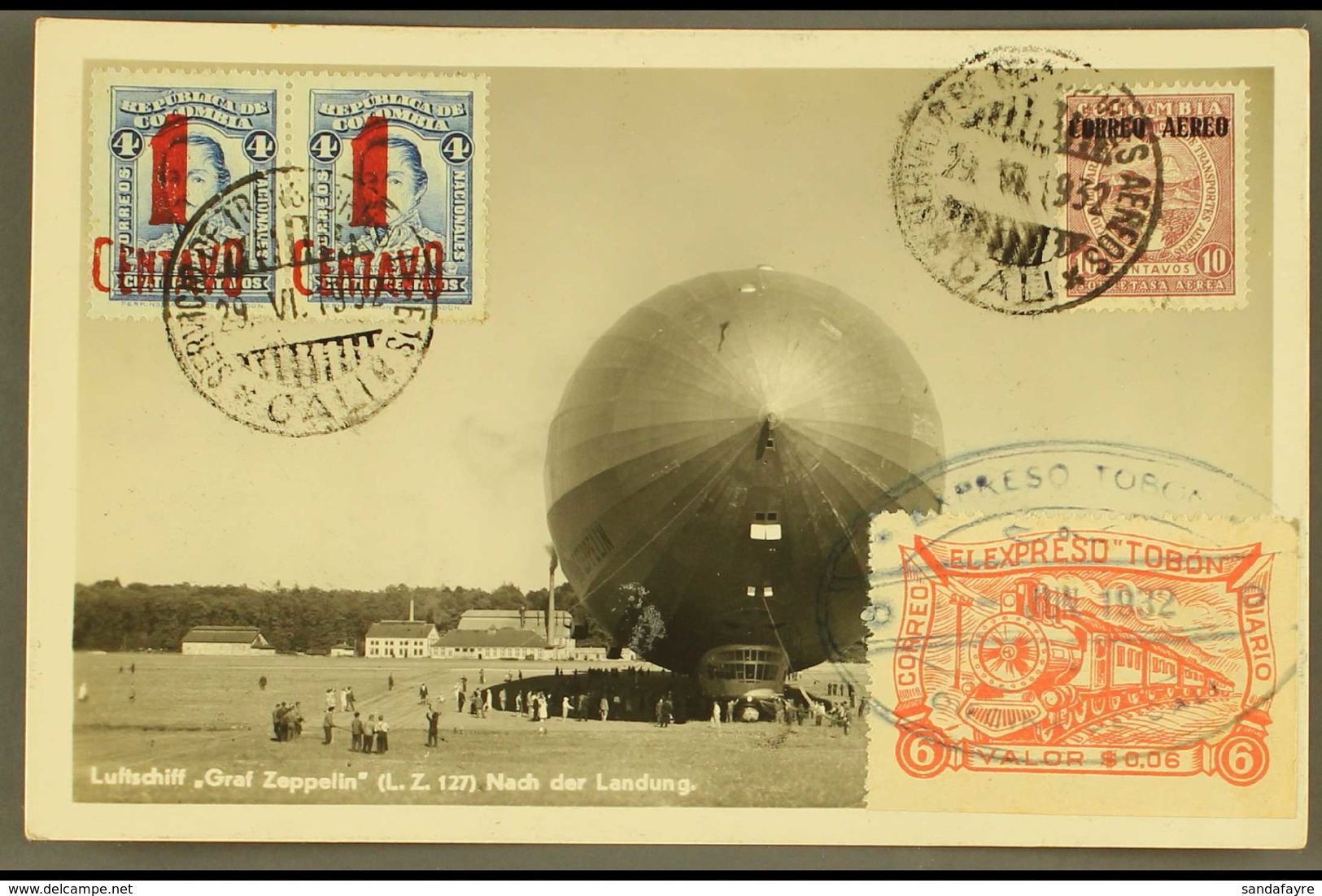 1932 PPC Of LZ127 Zeppelin Franked Colombia 1c On 4c Pair, Scadta 10c Mauve And Expreso Tobon 6c Vermilion Sent From Bog - Colombie