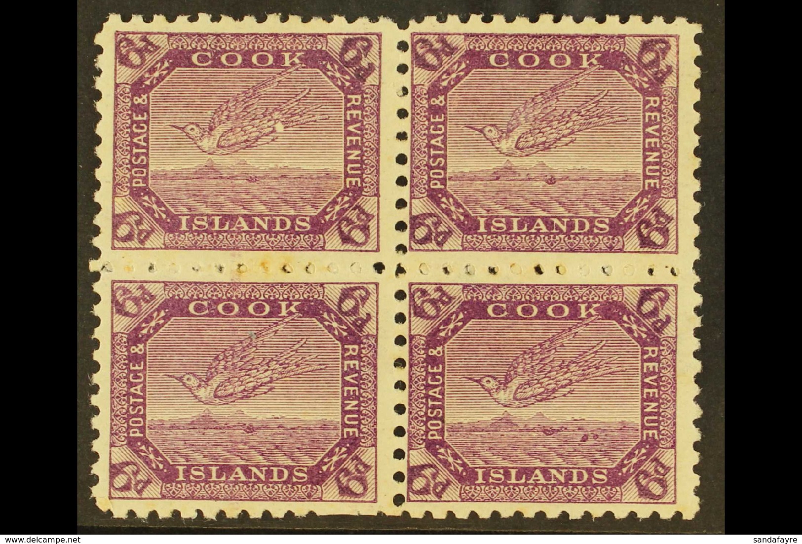 1893-1900 6d Bright Purple Tern, SG 18a, Mint Block Of Four With Positions 1/3 White Spot On Wing And 2/4 Two Coloured S - Cook Islands