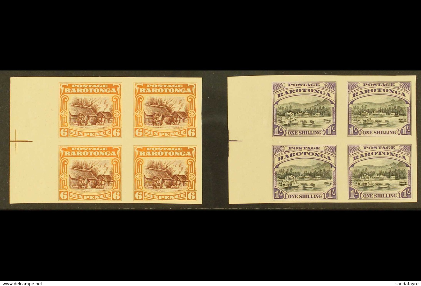 1920 Pictorial Definitive 6d And 1s (as SG 74/75) - IMPERF PLATE PROOF BLOCKS OF FOUR Printed In The Issued Colours On U - Cook Islands