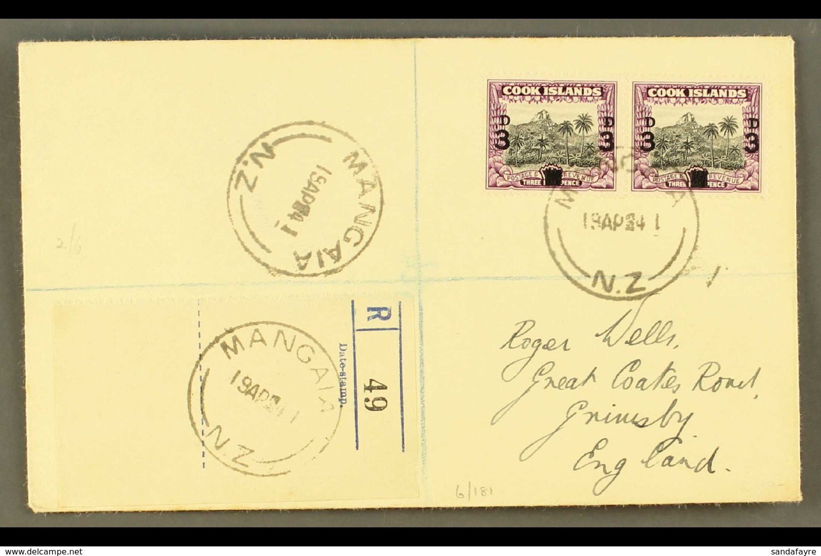 1940 3d On 1½d Black And Purple, SG 130, Horizontal Pair On Neat 1941 "Wells" Envelope Registered MANGAIA To England. Fo - Cook Islands