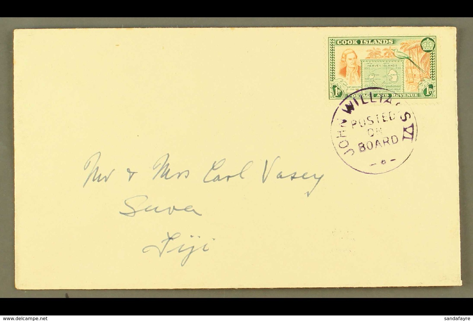 1949 1d Chestnut And Green, SG 151, On A Neat Envelope To Fiji, Tied By Upright Violet "John Williams VI/Posted On Board - Cookeilanden