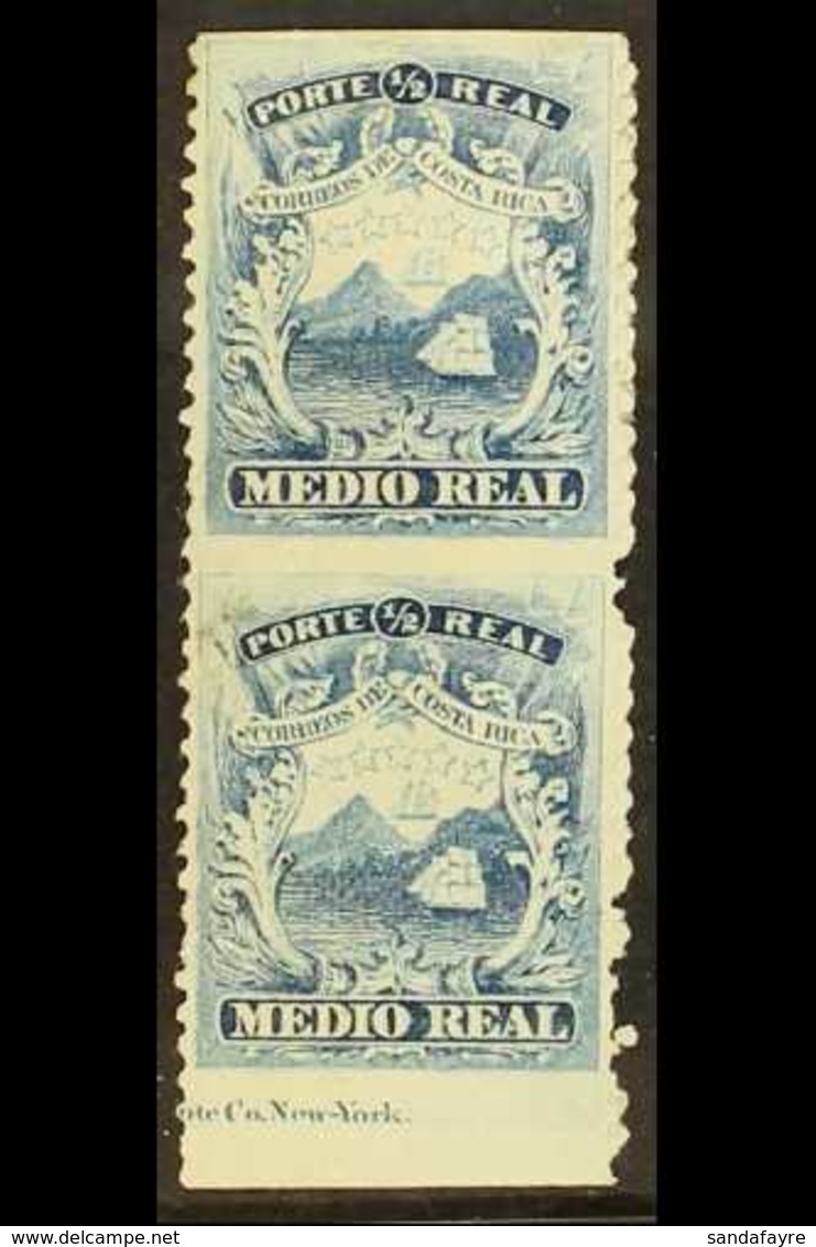 1875 ½r Blue, Plate II, Lower Marginal Pair Showing Variety "IMPERF HORIZONTALLY", Scott 1b (SG 2a), Fine Mint Large Par - Costa Rica