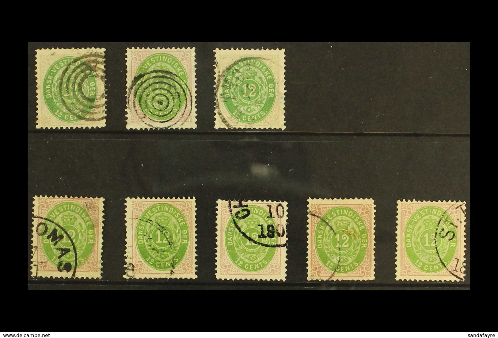 1873-1902 12o FINE USED GROUP With Shades & Postmarks Interest On A Stock Card, Includes Eight Examples (SG 26/27, Facit - Danish West Indies