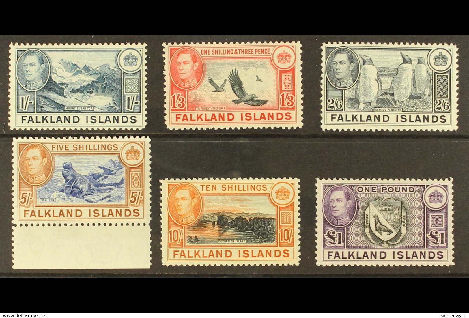 1938-50 KGVI Definitive Top Values, 1s To £1, SG 158/63, Very Fine Never Hinged Mint. (6 Stamps) For More Images, Please - Falklandeilanden