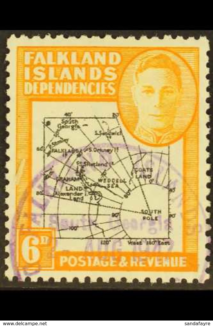 1946-9 6d Black & Orange, EXTRA ISLAND FLAW On Thick & Coarse Map Issue, SG G6aa, Very Fine Used. For More Images, Pleas - Falkland Islands