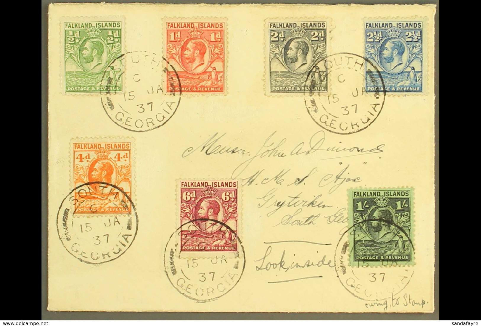 SOUTH GEORGIA Falkland Is 1929-37 "Whale And Penguins" Set Complete To 1s Tied To Env Addressed To Officer On Board HMS  - Falkland Islands