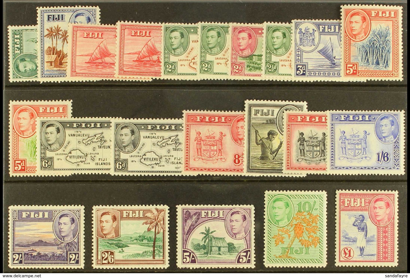 1938-55 KGVI Definitives Complete Set, SG 249/66b, Fine Mint, Many Stamps (including 10s & £1) Never Hinged. (22 Stamps) - Fiji (...-1970)