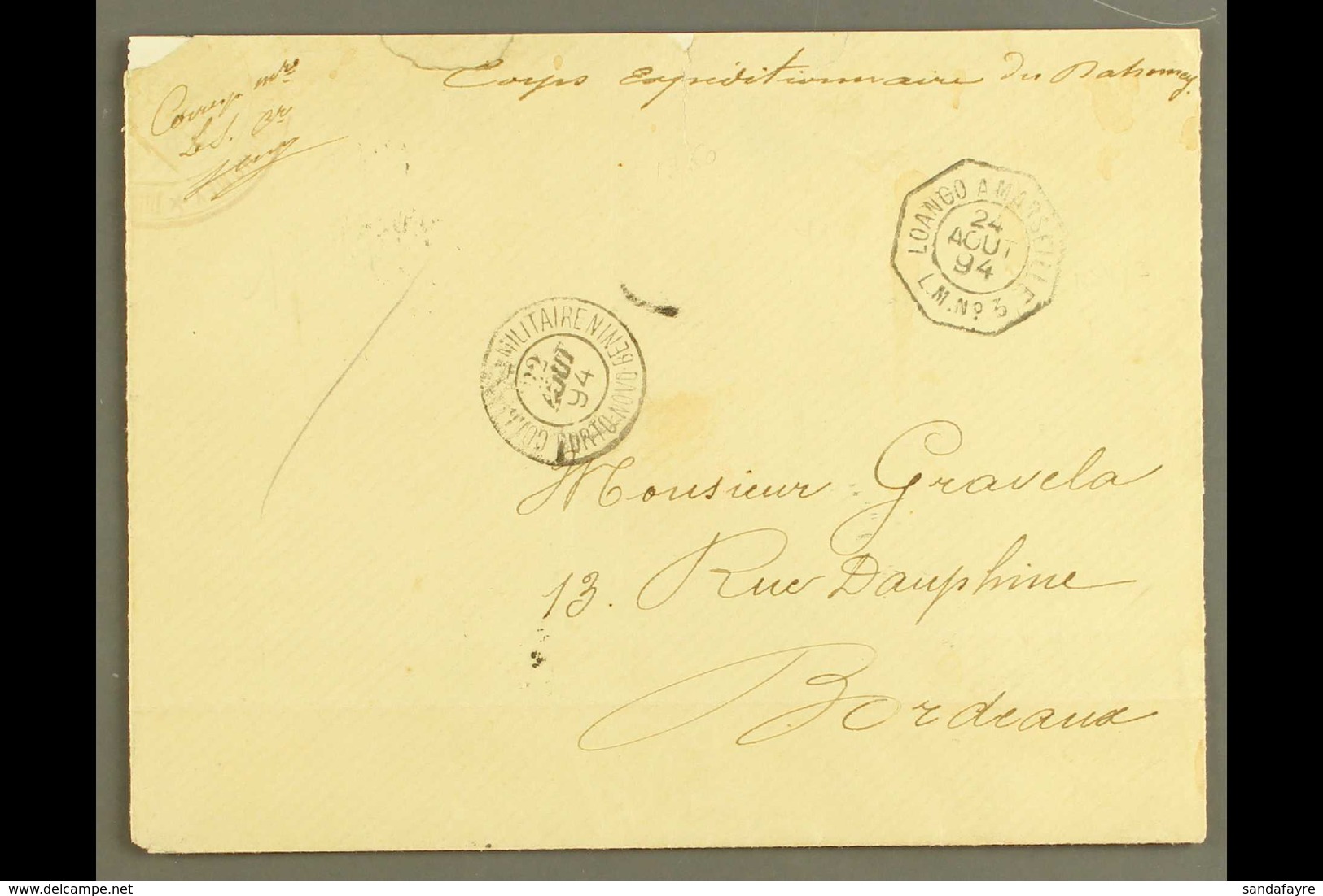 BENIN 1892 Cover To Bordeaux, France With M/s "Corps Expeditionnaire Du Dahomey" With "Correspce Militaire Porto Novo 24 - Andere & Zonder Classificatie