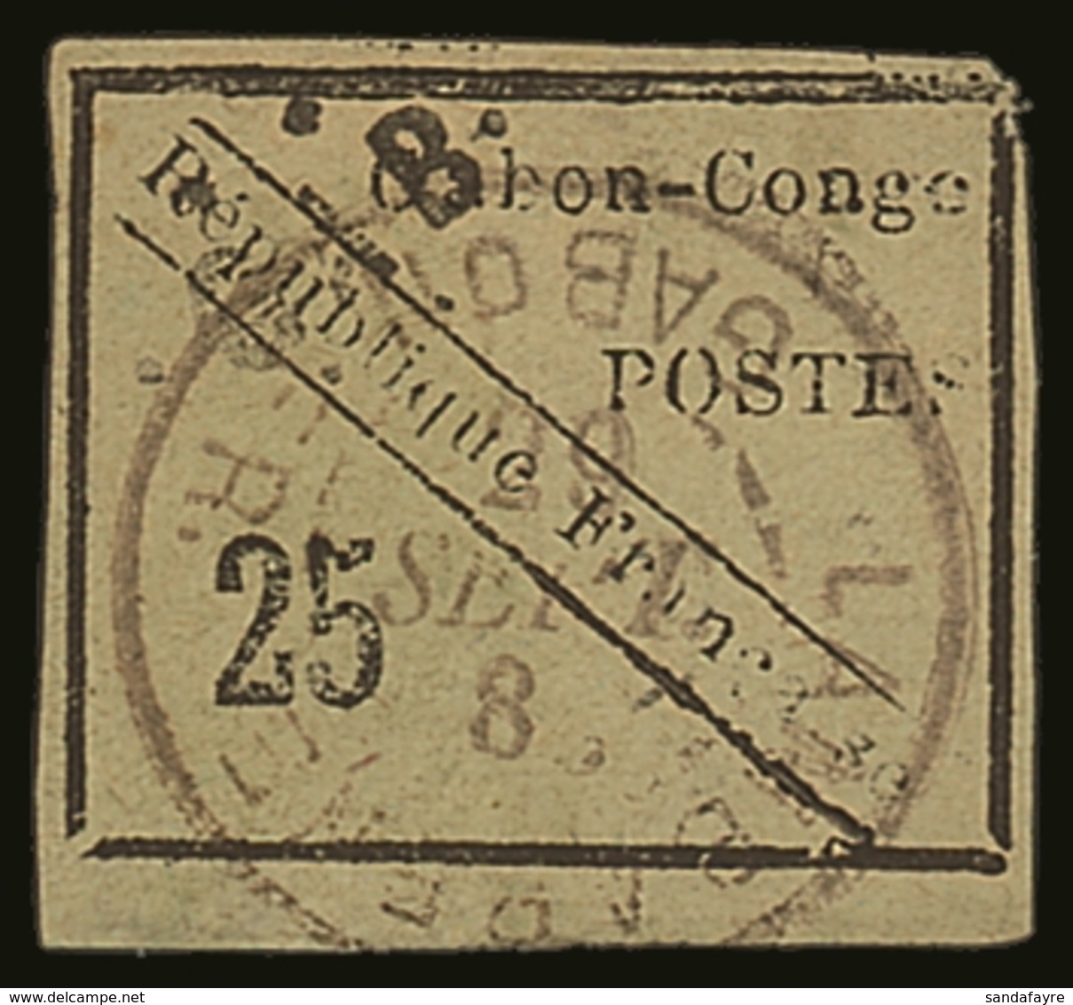 GABON 1889 25c Black On Green, Yvert 15 (SG 15), 4 Margins (close At Upper Right Corner), Without The Usual Thinning, Fi - Andere & Zonder Classificatie