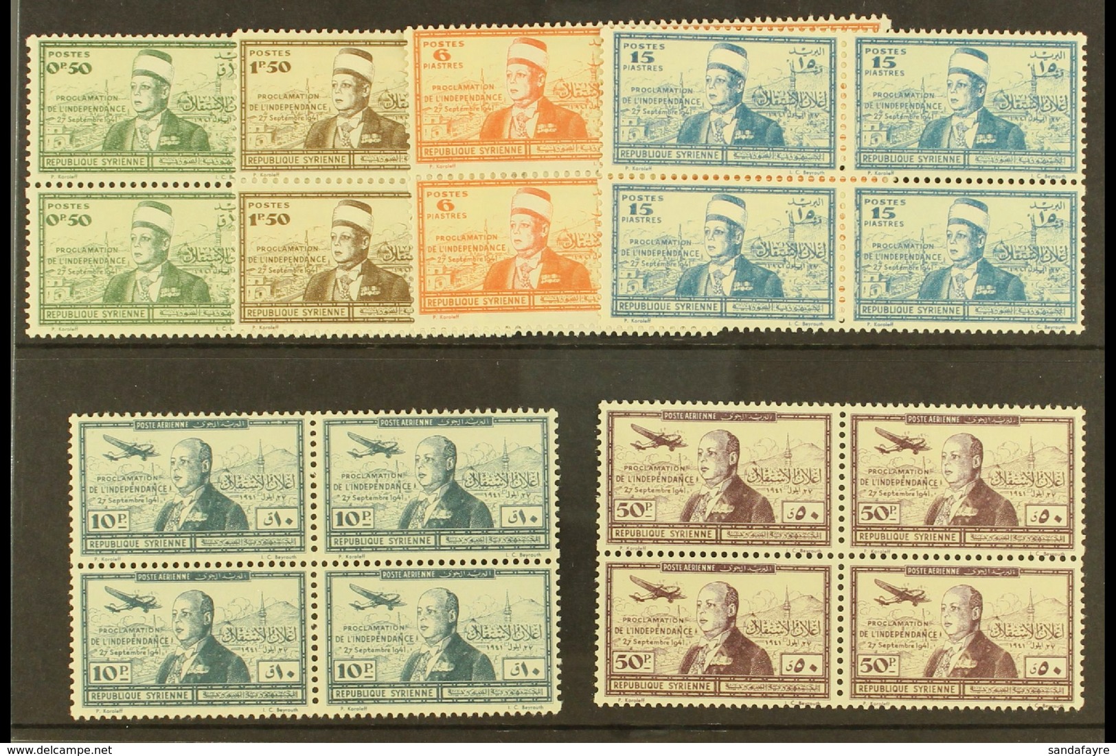 SYRIA 1942 Independence Complete Set Inc Airs (SG 358/63, Yvert 260/63 & 94/95), Fine Never Hinged Mint BLOCKS Of 4, Ver - Other & Unclassified