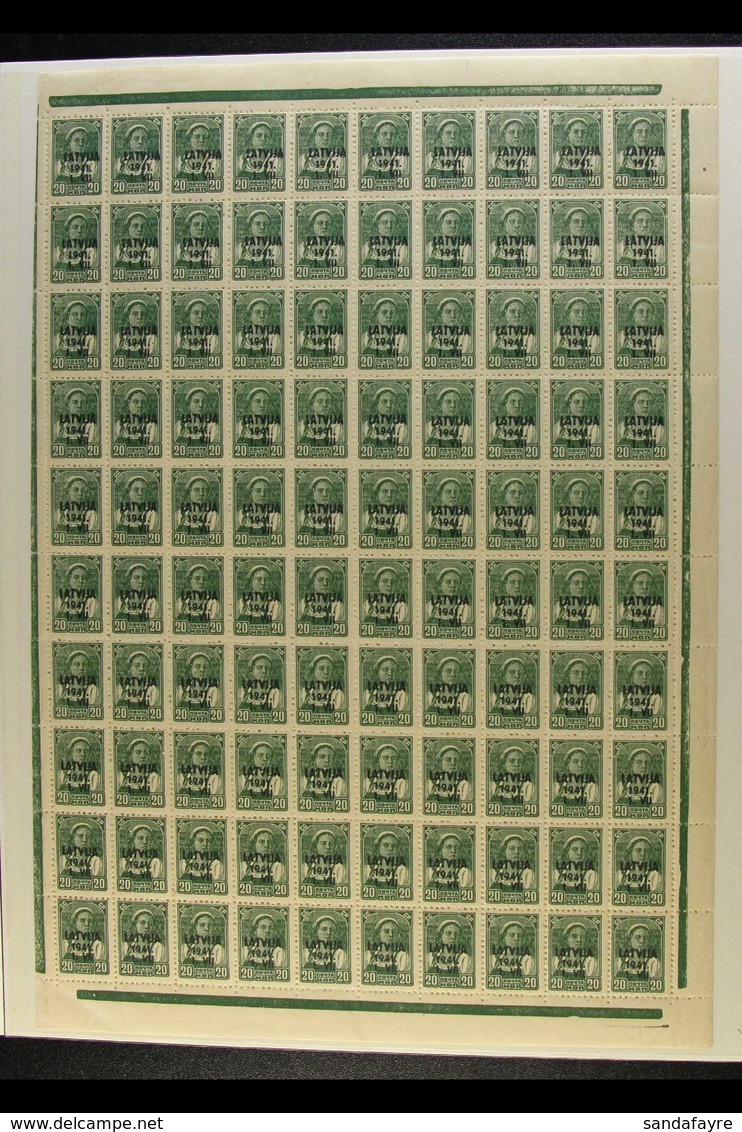 LATVIA 1941 20k Green Overprint (Michel 4, SG 4), Fine Never Hinged Mint COMPLETE SHEET Of 100 With Dot Between "1" And  - Sonstige & Ohne Zuordnung