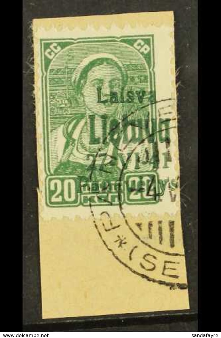 LITHUANIA 1941 20k Green, Ponewesch Locally Overprinted Stamp Of Russia, Michel 7, Tied To Piece By Neat "Panevezys" Cir - Andere & Zonder Classificatie