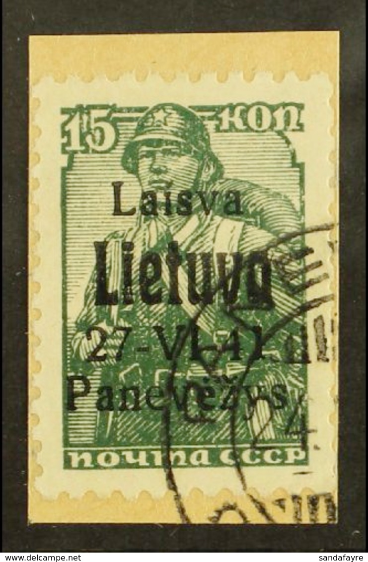 LITHUANIA. PONEWESCH 1941 15k Dark Green With Black Overprint, Michel 6b, Very Fine Used Tied To Small Piece. Signed Kle - Andere & Zonder Classificatie