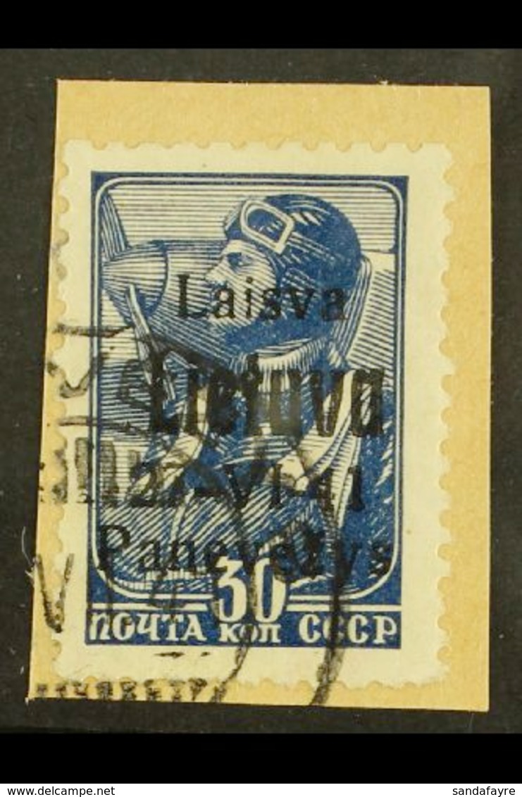 LITHUANIA. PONEWESCH 1941 30k Blue With Black Overprint, Michel 8b, Very Fine Used Tied To Small Piece. Signed Klein BPP - Andere & Zonder Classificatie