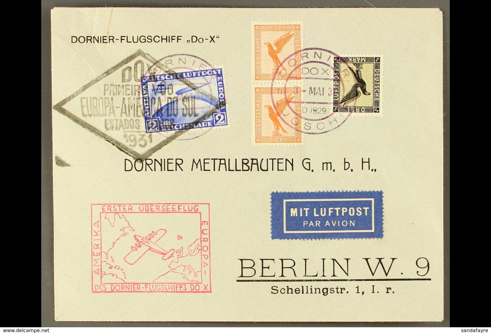 1931 1st DORNIER DO - X Flight Europe - South America, Cover Franked Air "Eagle" 50pf Pair And 3Mk Plus Zeppelin 2Rm Sou - Other & Unclassified