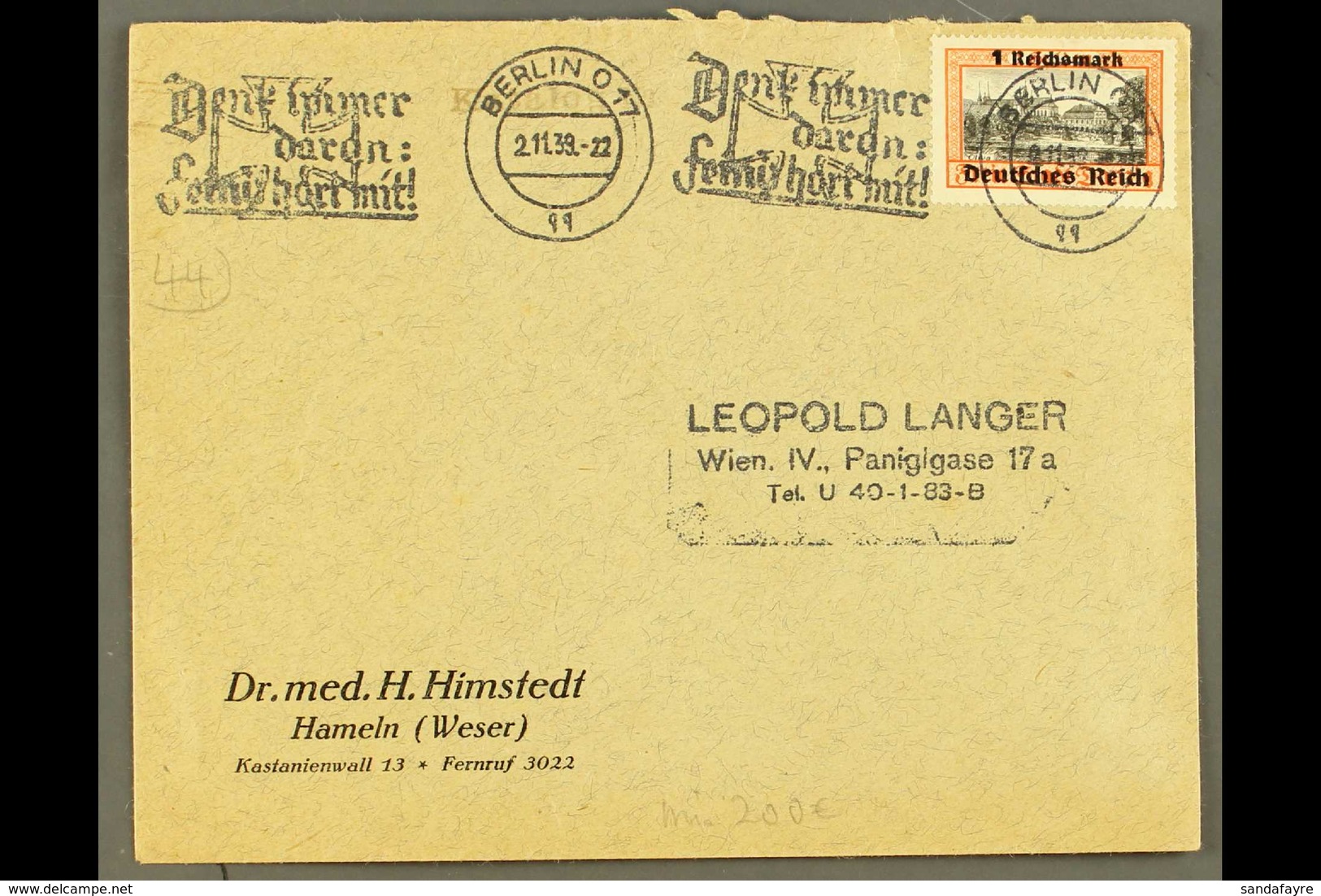 1939 OVERPRINTED ON DANZIG 1m On 1g Black And Orange, SG 716, On A Cover Tied By Forged Berlin Slogan Cancel. For More I - Andere & Zonder Classificatie